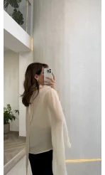 Yarasa Kol Kuşaklı Tül Bluz - Krem - Kod: 1670