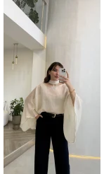 Yarasa Kol Kuşaklı Tül Bluz - Krem - Kod: 1670