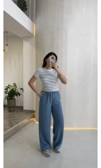 Mavi Çizgili Beyaz Kısa Kol T-shirt - Kod: 6962