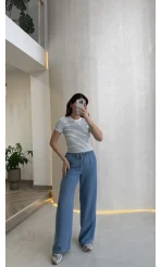 Mavi Çizgili Beyaz Kısa Kol T-shirt - Kod: 6962