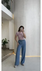 Bordo Çizgili Pembe Kısa Kol T-shirt - Kod: 6962