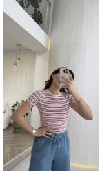Bordo Çizgili Pembe Kısa Kol T-shirt - Kod: 6962