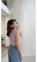 Bordo Çizgili Pembe Kısa Kol T-shirt - Kod: 6962