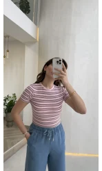 Bordo Çizgili Pembe Kısa Kol T-shirt - Kod: 6962