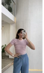 Bordo Çizgili Pembe Kısa Kol T-shirt - Kod: 6962