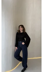 Paçası Lastikli Yüksek Bel Taşlı Denim Jean Pantolon - Lacivert