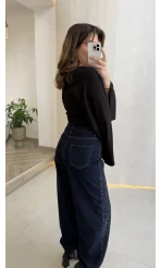 Paçası Lastikli Yüksek Bel Taşlı Denim Jean Pantolon - Lacivert