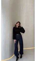 Paçası Lastikli Yüksek Bel Taşlı Denim Jean Pantolon - Lacivert