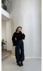 Paçası Lastikli Yüksek Bel Taşlı Denim Jean Pantolon - Lacivert