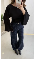 Paçası Lastikli Yüksek Bel Taşlı Denim Jean Pantolon - Lacivert