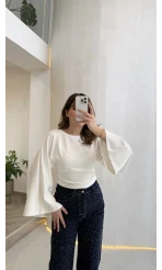 Bol Kol Beli Büzgü Detay Crop Bluz - Ekru - Kod: 1093
