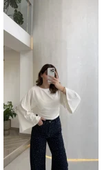 Bol Kol Beli Büzgü Detay Crop Bluz - Ekru - Kod: 1093