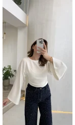 Bol Kol Beli Büzgü Detay Crop Bluz - Ekru - Kod: 1093