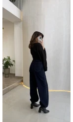 Bol Kol Beli Büzgü Detay Crop Bluz - Siyah - Kod: 1093