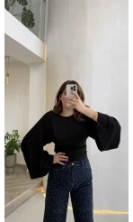 Bol Kol Beli Büzgü Detay Crop Bluz - Siyah - Kod: 1093