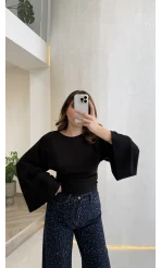 Bol Kol Beli Büzgü Detay Crop Bluz - Siyah - Kod: 1093