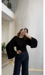 Bol Kol Beli Büzgü Detay Crop Bluz - Siyah - Kod: 1093