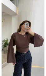 Bol Kol Beli Büzgü Detay Crop Bluz - Kahverengi - Kod: 1093