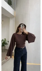 Bol Kol Beli Büzgü Detay Crop Bluz - Kahverengi - Kod: 1093