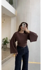 Bol Kol Beli Büzgü Detay Crop Bluz - Kahverengi - Kod: 1093