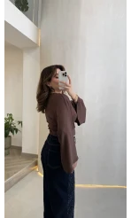 Bol Kol Beli Büzgü Detay Crop Bluz - Kahverengi - Kod: 1093