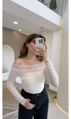 Dantelli Madonna Yaka Body - Ekru - Kod: 5065