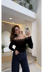 Dantelli Madonna Yaka Body - Siyah - Kod: 5065