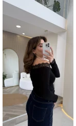 Dantelli Madonna Yaka Body - Siyah - Kod: 5065