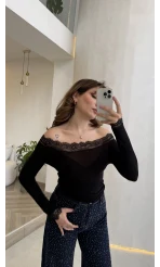 Dantelli Madonna Yaka Body - Siyah - Kod: 5065