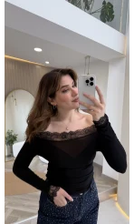 Dantelli Madonna Yaka Body - Siyah - Kod: 5065