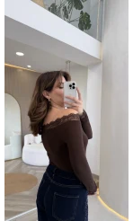 Dantelli Madonna Yaka Body - Kahverengi - Kod: 5065