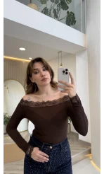 Dantelli Madonna Yaka Body - Kahverengi - Kod: 5065