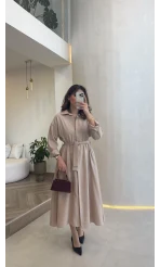 Colosseum Kuşaklı Beli Lastik Detay Düğmeli Elbise - Taş - Kod: 3079