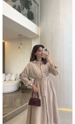 Colosseum Kuşaklı Beli Lastik Detay Düğmeli Elbise - Taş - Kod: 3079