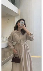 Colosseum Kuşaklı Beli Lastik Detay Düğmeli Elbise - Taş - Kod: 3079