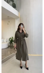 Colosseum Kuşaklı Beli Lastik Detay Düğmeli Elbise - Haki - Kod: 3079