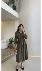 Colosseum Kuşaklı Beli Lastik Detay Düğmeli Elbise - Haki - Kod: 3079