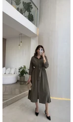 Colosseum Kuşaklı Beli Lastik Detay Düğmeli Elbise - Haki - Kod: 3079