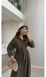 Colosseum Kuşaklı Beli Lastik Detay Düğmeli Elbise - Haki - Kod: 3079