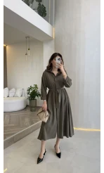 Colosseum Kuşaklı Beli Lastik Detay Düğmeli Elbise - Haki - Kod: 3079