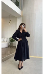 Colosseum Kuşaklı Beli Lastik Detay Düğmeli Elbise - Lacivert - Kod: 3079