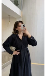 Colosseum Kuşaklı Beli Lastik Detay Düğmeli Elbise - Lacivert - Kod: 3079