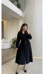 Colosseum Kuşaklı Beli Lastik Detay Düğmeli Elbise - Lacivert - Kod: 3079