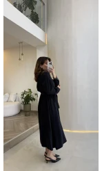 Colosseum Kuşaklı Beli Lastik Detay Düğmeli Elbise - Lacivert - Kod: 3079