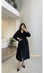 Colosseum Kuşaklı Beli Lastik Detay Düğmeli Elbise - Lacivert - Kod: 3079