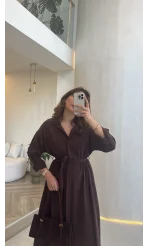 Colosseum Kuşaklı Beli Lastik Detay Düğmeli Elbise - Kahverengi - Kod: 3079