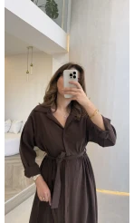 Colosseum Kuşaklı Beli Lastik Detay Düğmeli Elbise - Kahverengi - Kod: 3079