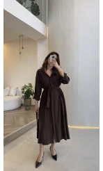 Colosseum Kuşaklı Beli Lastik Detay Düğmeli Elbise - Kahverengi - Kod: 3079