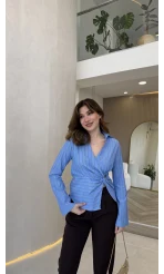 Bologna Bel Detay Çizgili Gömlek - Mavi - Kod: 580785