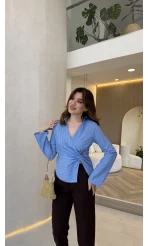 Bologna Bel Detay Çizgili Gömlek - Mavi - Kod: 580785